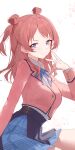  1girl absurdres black_overskirt blazer blue_eyes blue_ribbon blue_skirt blush brown_hair dress_shirt gakuen_idolmaster hanami_saki hatsuboshi_gakuen_school_uniform highres idolmaster jacket long_hair long_sleeves looking_at_viewer neck_ribbon pink_jacket ribbon school_uniform shirt sitting skirt smile solo sukaliya thighs two_side_up v white_shirt 