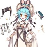  1girl 1other ahoge airgetlam_(kiseki) antenna_hair blue_hair breasts double-parted_bangs dress eiyuu_densetsu hair_between_eyes hat millium_orion open_mouth robot sen_no_kiseki_(series) sen_no_kiseki_i short_hair simple_background small_breasts smile solo upper_body white_background white_dress willfin yellow_eyes 