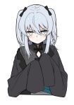  1girl absurdres black_bow black_coat black_shirt blush bow closed_mouth coat commentary cropped_torso earrings green_eyes grey_hair hair_bow hashtag-only_commentary heart heart_in_eye highres indie_virtual_youtuber jewelry looking_at_viewer nekomugi_tororo shirt simple_background sleeves_past_fingers sleeves_past_wrists solo symbol_in_eye tassel tassel_earrings virtual_youtuber white_background ziu 