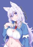 1girl :&gt; animal_ear_fluff animal_ears artist_name black_collar blue_background blue_eyes breasts cleavage collar commentary_request dated fingernails hand_up haru_(seichou_cheat_de_nandemo_dekiru_you_ni_natta_ga_mushoku_dake_wa_yamerarenai_you_desu) long_sleeves looking_at_viewer navel purple_hair seichou_cheat_de_nandemo_dekiru_you_ni_natta_ga_mushoku_dake_wa_yamerarenai_you_desu simple_background solo stomach upper_body wolf_ears wolf_girl yamazaki_masakazu 