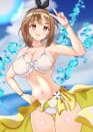  1girl absurdres ass_visible_through_thighs atelier_(series) atelier_ryza atelier_ryza_1 bikini black_hairband blurry blurry_background bracelet breasts brown_eyes brown_hair cleavage collarbone commentary_request cowboy_shot hairband hand_on_own_hip highres jewelry large_breasts looking_at_viewer navel open_mouth reisalin_stout reisalin_stout_(sunlight_flower) sarong short_hair smile solo swimsuit tastyduck2021 thigh_gap upper_body v white_bikini yellow_sarong 