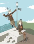  2girls ascot black_shoes blue_eyes blue_hair brown_hair brown_jacket brown_skirt brown_thighhighs character_name commentary_request highres jacket kantai_collection kawashina_(momen_silicon) kumano_(kancolle) lamppost long_hair long_sleeves multiple_girls open_mouth orange_ascot parted_lips ponytail shoes sign sitting skirt suzuya_(kancolle) thighhighs 