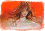  1girl bare_shoulders border closed_mouth collarbone cropped_shoulders curtained_hair elden_ring facing_viewer ht7145394 long_hair malenia_blade_of_miquella malenia_goddess_of_rot no_eyes painting_(medium) red_hair simple_background solo traditional_media watercolor_(medium) white_border 