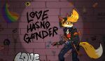 alternative_fashion anthro beanie bottomwear canid canine cheek_tuft clothing denim denim_bottomwear denim_clothing english_text facial_tuft fingerless_gloves fix fox fur ghastlygh gloves graffiti half-closed_eyes handwear hat headgear headwear hi_res jacket jeans leather leather_clothing leather_jacket leather_topwear lgbt_pride male mammal narrowed_eyes pants punk shirt solo tank_top text topwear tuft white_body white_fur yellow_body yellow_fur