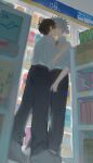  2boys absurdres arm_up belt black_pants bottle box brown_belt brown_hair collared_shirt commentary full_body grey_hair hand_on_another&#039;s_chest highres ikari_shinji indoors jurykooo kiss looking_at_another male_focus multiple_boys nagisa_kaworu neon_genesis_evangelion orange_shirt pants red_eyes school_uniform shelf shirt shirt_tucked_in shoes short_sleeves standing surprised tokyo-3_middle_school_uniform white_shirt white_shoes wing_collar yaoi 