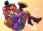  1girl :d bag black_hat boots brown_boots coat dress drill_hair full_body fur_trim hand_fan hat holding holding_fan iganashi1 jewelry long_sleeves medium_hair mini_hat mini_top_hat one-hour_drawing_challenge open_mouth orange_background orange_hair pantyhose pendant purple_coat shoulder_bag smile solo top_hat touhou twin_drills white_dress yorigami_jo&#039;on 