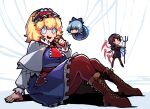  3girls alice_margatroid arm_support ascot blonde_hair blue_dress blue_eyes boots brown_boots brown_pantyhose capelet cirno dress frilled_ascot frilled_dress frilled_hairband frills hairband houjuu_nue iganashi1 knee_boots lace-up_boots lolita_hairband medium_hair miniskirt multiple_girls one-hour_drawing_challenge pantyhose red_ascot red_hairband sitting skirt touhou white_capelet 