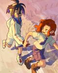  1boy 1girl azukimomonaka black_hair blue_shirt blue_shorts boots brown_boots brown_hair collared_shirt commentary_request crossed_bangs hair_between_eyes highres holding_hands jacket juliana_(pokemon) kieran_(pokemon) long_sleeves mole mole_under_eye necktie open_mouth pokemon pokemon_sv purple_hair running school_uniform shirt shoes short_sleeves shorts socks sweat uva_academy_school_uniform white_jacket white_shirt white_shorts 