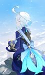  1girl absurdres back_bow blue_bow blue_coat blue_eyes blue_hair blue_hat bow coat colored_inner_hair commentary english_commentary furina_(genshin_impact) genshin_impact gloves hat highres holding holding_unworn_clothes holding_unworn_hat light_smile looking_afar multicolored_hair ocean pantyhose sash seashell shell short_hair sidelocks sitting solo tailcoat unworn_hat unworn_headwear voi_271 waves white_gloves white_hair white_pantyhose 
