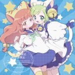  2girls :d animal_ears animal_hands apron artist_name bell blue_bow blue_bowtie blue_sailor_collar blue_skirt blush bow bowtie cat_day cat_ears cat_tail cheek-to-cheek chii_(chi_pppuri) colored_eyelashes copyright_notice cosplay cowboy_shot crossover dejiko dejiko_(cosplay) di_gi_charat dot_nose dress english_text expressionless fake_animal_ears frilled_dress frills gloves green_eyes green_hair green_neckerchief hair_bell hair_bow hair_ornament heads_together highres himitsu_no_aipri long_hair long_sleeves looking_at_viewer low_twintails maid_apron male_focus medium_dress miniskirt mitsuba_airi multiple_girls neckerchief orange_eyes orange_hair paw_gloves pretty_series puchiko puchiko_(cosplay) sailor_collar shinomiya_rinrin shirt short_hair skirt smile standing tail tail_bow tail_ornament tareme thighhighs twintails twitter_username watermark wavy_hair wavy_sidelocks white_apron white_dress white_gloves white_shirt yellow_thighhighs zettai_ryouiki 