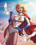  1girl bird blonde_hair blue_eyes breasts cape cleavage cleavage_cutout clothing_cutout day dc_comics douglas_bicalho gloves hand_on_own_hip highres leotard looking_at_viewer medium_breasts outdoors power_girl red_cape short_hair signature solo white_bird white_gloves white_leotard 