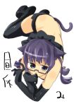  1girl animal_ears black_gloves black_headdress black_shoes black_skirt black_thighhighs cat_ears cat_girl cat_tail elbow_gloves glasses gloves headdress high_heels highres long_hair looking_at_viewer lying microskirt original platform_heels purple_eyes purple_hair semi-rimless_eyewear shoes simple_background skirt solo tail thighhighs veloexotica white_background 