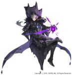  1boy armor aura black_armor black_horns chase_(king&#039;s_raid) clawed_gauntlets commentary crossed_legs dark_aura frown full_body fur-trimmed_armor fur_trim glowing glowing_eye grey_eyes grey_hair highres horns hwansang_jungdog king&#039;s_raid leg_up looking_at_viewer official_art short_hair simple_background sitting sitting_on_throne solo spiked_armor throne white_background 