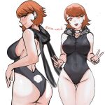  1girl absurdres ass black_leotard breasts brown_eyes brown_hair choker collarbone covered_navel double_v earrings highleg highleg_leotard highres hood jewelry large_breasts leotard looking_at_viewer navel nero_watch nontraditional_playboy_bunny open_mouth persona persona_3 playboy_bunny rabbit_tail short_hair simple_background smile solo strapless strapless_leotard stud_earrings tail takeba_yukari v white_background 