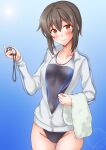  1girl anti_(untea9) ass_visible_through_thighs black_one-piece_swimsuit blue_background blue_one-piece_swimsuit blush breasts brown_eyes brown_hair collarbone competition_swimsuit covered_navel gradient_background hair_between_eyes highres jacket kantai_collection long_sleeves looking_at_viewer one-piece_swimsuit open_clothes open_jacket short_hair small_breasts smile solo stopwatch swimsuit taihou_(kancolle) towel track_jacket two-tone_swimsuit white_jacket 