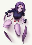  1girl absurdres black_leotard black_nails breasts bright_pupils brooch cape closed_mouth colored_skin commentary curtained_hair dc_comics dilan_griz english_commentary forehead_jewel gem highres jewelry leotard light_blush long_sleeves looking_at_viewer medium_breasts parted_hair pink_pupils purple_cape purple_eyes purple_hair purple_skin raven_(dc) red_brooch red_gemstone short_hair simple_background sleeved_leotard solo teen_titans through_wall white_background 