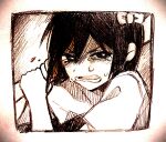  1girl angry aubrey_(headspace)_(omori) aubrey_(omori) baseball_bat bow bright_pupils crying crying_with_eyes_open double-parted_bangs greyscale hair_bow highres holding holding_baseball_bat long_hair lower_teeth_only monochrome nicome_02 omori open_mouth shirt short_sleeves solo t-shirt tears teeth upper_body 