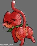 4:5 anus aroused berrycat_(nekomew_mew) bodily_fluids butt butt_focus domestic_cat dripping dripping_pussy elemental_creature embarrassed felid feline felis female feral flora_fauna food food_creature fruit genital_fluids genitals glistening glistening_body green_body living_fruit looking_back looking_pleasured mammal nekomew_mew pawpads paws plant presenting raised_tail rear_view red_body red_cheeks ruborised seductive solo strawberry tail vulva
