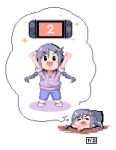  1girl artist_name blue_pants braid chair closed_eyes daru_pixel hair_ornament hair_tie idolmaster idolmaster_cinderella_girls idolmaster_cinderella_girls_starlight_stage long_hair looking_up miyoshi_sana multiple_views nintendo_switch_2 on_chair open_mouth pants pixel_art purple_hair purple_shirt shirt short_sleeves sleeping smile sparkle speech_bubble thought_bubble twin_braids v-shaped_eyebrows 