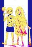  1boy 1girl ^_^ absurdres aubrey_(headspace)_(omori) aubrey_(omori) bailan1130 ball barefoot baseball_bat blood blood_on_clothes blood_on_face blood_on_ground blood_on_hands blood_on_leg blood_on_weapon bow bra_strap closed_eyes double-parted_bangs hair_bow highres holding holding_baseball_bat index_finger_raised kel_(headspace)_(omori) kel_(omori) limited_palette long_hair long_shirt omori open_mouth shirt short_hair short_sleeves shorts smile t-shirt tank_top weapon 