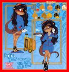 absurd_res alcohol badge beverage blush blush_lines bottomwear bottomwear_down brown_hair clothing cocktail cocktail_glass color_swatch container cup dress_gloves dress_shoes drinking_glass female flight_attendant flight_attendant_hat flight_attendant_uniform footwear glass glass_container glass_cup gloves hair handwear hi_res high_heels legwear mammal markings martini miniskirt model_sheet mustelid otter pantyhose playing_with_hair purple_eyes raised_tail river_otter seashell serving_alcohol serving_beverage serving_platter serving_tray shell shoes simple_background skirt skirt_down smile smiling_at_viewer suitcase tail text text_box uniform wastedtimeee whisker_markings whisker_spots