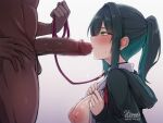  1boy 1girl animal_collar artist_name black_collar black_hair black_hoodie blush breasts breasts_out censored clothed_female_nude_male collar collared_shirt dark-skinned_male dark_skin dated erection fellatio from_side gradient_background green_eyes green_hair hair_intakes hand_on_own_hip hetero hiruno holding holding_leash hood hood_down hooded_jacket hoodie interracial inverted_nipples jacket kissing_penis large_breasts large_penis leash leash_pull long_sleeves medium_hair mosaic_censoring multicolored_hair nijigasaki_school_uniform nipples no_bra nude open_clothes open_hoodie open_shirt oral original penis ponytail precum profile saliva school_uniform shirt sidelocks signature simple_background solo_focus sweat testicles twitter_username two-tone_hair upper_body veins veiny_penis white_shirt yuina_(hiruno) 