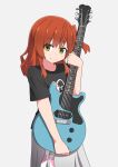  1girl black_shirt bocchi_the_rock! closed_mouth electric_guitar gibson_les_paul green_eyes guitar guitar_strap hair_between_eyes hair_over_shoulder highres holding holding_guitar holding_instrument instrument kessoku_band_logo kessoku_band_t-shirt kita_ikuyo light_blush long_hair long_skirt looking_at_viewer red_hair shirt simple_background skirt smile solo tokuchi919 white_background white_skirt 