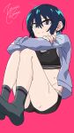  1girl absurdres alternate_hair_color amate_yuzuriha artist_name black_bra black_hair black_panties black_socks bra commentary_request gundam gundam_gquuuuuux highres looking_at_viewer panties red_background short_hair simple_background socks soles solo sports_bra sweat underwear zetsuyo_chimayo 