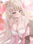  1girl bandeau bare_shoulders bead_necklace beads blonde_hair blondedaze blue_eyes blurry blurry_background breasts choker cleavage cleavage_cutout clothing_cutout collarbone detached_sleeves double_bun english_commentary frilled_bandeau hair_bun hair_ornament hairclip highres indie_virtual_youtuber isari_sensei jewelry large_breasts long_hair long_sleeves looking_at_viewer midriff miniskirt navel necklace parted_lips pink_choker pleated_skirt second-party_source skirt solo stomach strapless tube_top very_long_hair virtual_youtuber white_bandeau 