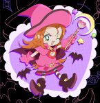  1girl bat_(animal) boots cape channelsquare chibi chocolat_meilleure commentary dress green_eyes hat highres holding holding_wand long_hair looking_at_viewer magical_girl moon one_eye_closed orange_hair pantyhose pink_cape pink_dress pink_hat pointy_ears smile solo striped_clothes striped_pantyhose sugar_sugar_rune wand witch witch_hat 