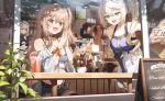  4girls absurdres bare_shoulders blonde_hair blue_shirt breasts brown_eyes brown_hair cake cleavage commentary dappled_sunlight elbow_gloves food from_outside g11_(girls&#039;_frontline) girls&#039;_frontline girls&#039;_frontline_2:_exilium gloves green_eyes hair_intakes hair_ornament hairband hairclip hand_on_own_hip highres indoors k2_(girls&#039;_frontline) large_breasts maid_headdress multiple_girls off-shoulder_shirt off_shoulder one_side_up open_mouth ponytail rahy sharkry_(girls&#039;_frontline_2) shirt side_ponytail sleeveless sleeveless_shirt smile springfield_(girls&#039;_frontline) strawberry_cake sunlight white_hairband white_shirt 