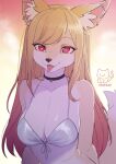  1girl animal_ear_fluff animal_ear_piercing animal_ears animal_nose artist_name bikini black_choker blonde_hair body_fur breasts choker collarbone colored_tips commentary english_commentary eyeliner fox_ears fox_girl fox_tail front-tie_bikini_top front-tie_top furrification furry furry_female heart heart-shaped_pupils highres kitagawa_marin long_hair looking_at_viewer makeup multicolored_hair nikoyishi piercing red_eyes solo sono_bisque_doll_wa_koi_wo_suru swimsuit symbol-shaped_pupils tail tongue tongue_out tongue_piercing two-tone_fur upper_body white_bikini white_fur yellow_fur 