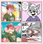 2025 anthro biped black_nose bodily_fluids brown_hair canid canine canis canis_(canisfidelis) canisfidelis cavemanon_studios clothed clothing comic countershade_arms countershade_face countershade_torso countershading damien_payne day dialogue dilophosaurid dilophosaurus dinosaur domestic_dog english_text eyebrows frill_(anatomy) green_body grin hair head_crest head_frill hybrid i_wani_hug_that_gator male mammal membrane_(anatomy) membranous_frill multicolored_body neck_frill open_mouth outside prehistoric_species pupils reptile scalie sharp_teeth shiba_inu shirt short_hair slit_pupils smile solo speech_bubble spinosaurid spinosaurus spitz standing sweat tan_body tan_countershading teeth text theropod tongue topwear two_tone_body white_hair