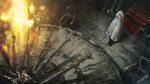  1girl absurdres chair cloak commentary duchess_(elden_ring) elden_ring elden_ring_nightreign english_commentary eye_mask fire franlol from_above highres hood hooded_cloak round_table solo stairs standing sword table weapon 