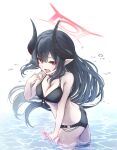  1girl absurdres bikini black_bikini blue_archive breasts chiaki_(blue_archive) cleavage demon_girl demon_horns halo haniwa_(statue) highres holding horns kokage_yugure medium_breasts open_mouth pointy_ears red_eyes red_halo solo swimsuit thigh_strap water water_drop wet 