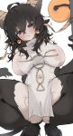  1girl :o black_eyes black_hair blush breasts brown_horns character_request copyright_request covered_navel elden_ring elden_ring_nightreign highres horns large_breasts libra_(elden_ring) looking_at_viewer medium_hair mikozin nipples pelvic_curtain simple_background solo squatting thighs white_background 