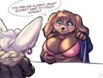 4_fingers anthro big_breasts black_clothing black_jacket black_topwear blue_clothing blue_eyes boobs?_wanna_touch_boobs? bra breasts brown_body brown_fur canid canine chest_tuft clothing duo ear_piercing ear_ring english_text eyewear female fennec_fox fennephilim_fox fingers fox fur glasses hair hi_res jacket league_of_legends looking_at_another male mammal mature_female meme norra_(lol) piercing pink_ear_ring pink_eyewear pink_glasses ring_piercing riot_games round_glasses shitpost slightly_chubby speech_bubble tagger_fox tencent text topwear true_fox tuft underwear white_body white_fur white_hair yordle