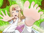 5_fingers 5_toes barefoot feet female fingers grass hi_res humanoid humanoid_pointy_ears hylian laugh mrff25 nintendo not_furry one_eye_closed open_mouth plant pointy_ears princess_zelda soles solo the_legend_of_zelda tickling tickling_feet toes