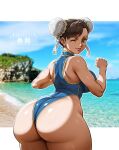  1girl ai-assisted artist_name ass ass_focus asymmetrical_bangs beach brown_hair bun_cover chun-li clenched_hand curvy double_bun earrings from_behind hair_bun halftone halftone_background highleg highres huge_ass jewelry large_areolae lips looking_at_viewer mature_female neolurker one-piece_swimsuit one_eye_closed outdoors outline photo_background plump smile solo street_fighter swimsuit thick_thighs thighs white_outline wide_hips 