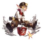 1boy absurdres bandana big_nose black_boots boots brown_gloves brown_hair brown_overalls brown_pants claws commentary detonator english_commentary full_body fuse gloves goblin goggles grin headlamp highres king&#039;s_raid lagna lakrak_(king&#039;s_raid) lantern large_ears lit_fuse mining_helmet official_alternate_costume official_art open_mouth overalls pants pants_tucked_in pointy_ears red_bandana shirt short_hair skull_and_crossbones smile smoke solo torn_clothes torn_sleeves white_shirt 