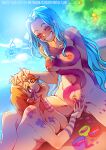  2girls blue_hair blue_sky bodypaint breasts cherry_in_the_sun closed_eyes completely_nude day female_pubic_hair grin large_breasts long_hair looking_at_another multiple_girls nami_(one_piece) nefertari_vivi nipples nude one_piece orange_eyes orange_hair outdoors pubic_hair short_hair sky smile sparse_pubic_hair yuri 