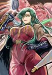  1girl absurdres belt black_belt black_cape black_gloves bodysuit breasts cape cima_garahau commentary dated elbow_gloves gerbera_tetra gloves green_eyes green_hair gundam gundam_0083 highres looking_at_viewer mecha mobile_suit okrdisk2000 one-eyed red_bodysuit robot rubber_gloves science_fiction smile solo zeon 
