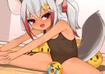  1girl animal_ears bare_arms bare_legs bare_shoulders blush censored crying_emoji dark-skinned_female dark_skin emoji emoji_censor grey_hair meme multicolored_hair one-piece_swimsuit original red_eyes red_hair sitting surio swimsuit tail thighs uohhhhhhhhh!_(meme) 
