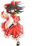  1girl alphes_(style) ascot between_fingers black_eyes black_hair black_shoes bow commentary_request dairi detached_sleeves dress empty_eyes full_body hair_bow hair_tubes hakurei_reimu half-closed_eyes holding large_variant_set long_sleeves ofuda open_mouth parody red_bow red_dress shaded_face shoes smile socks solo style_parody tachi-e touhou transparent_background variant_set white_socks wide_sleeves 