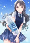  1girl black_hair blue_background blue_necktie blue_skirt blue_vest blurry blush brand_name_imitation breasts brown_eyes cowboy_shot depth_of_field dot_nose gradient_background highres idolmaster idolmaster_million_live! idolmaster_million_live!_theater_days incoming_drink long_hair looking_at_viewer medeshima_marota medium_breasts necktie no_eyewear parted_lips plaid_clothes plaid_skirt pleated_skirt rainbow_gradient school_uniform shirt short_sleeves skirt solo standing striped_necktie sweatdrop takayama_sayoko vest wavy_hair white_shirt 