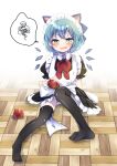  1girl alternate_costume animal_ears apple apron black_dress black_thighhighs blue_eyes blue_hair blush bow bowtie cat_ears cat_girl cirno clumsy collared_shirt commentary_request detached_wings dress enmaided food frilled_dress frills fruit full_body highres ice ice_wings kemonomimi_mode looking_at_viewer maid maid_apron maid_headdress no_shoes ochazuke on_floor open_mouth puffy_short_sleeves puffy_sleeves red_bow red_bowtie shirt short_hair short_sleeves solo spoken_squiggle squiggle thighhighs touhou white_apron white_background wings wooden_floor 