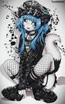  1boy absurdres animal_ears artist_name band_shirt black_gloves black_hat black_shirt black_shoes blue_eyes blue_hair burzum crossed_legs ear_piercing elbow_gloves facial_mark fingerless_gloves fishnet_thighhighs fishnets fox_boy fox_ears fox_tail furry furry_male gloves goth_fashion hat highres inverted_pentagram long_hair male_focus merchandise on_ground open_mouth original peaked_cap piercing shirt shoes skull_and_crossbones solo spiked_gloves spiked_hat star_(symbol) star_facial_mark t-shirt tail thighhighs trap tweenstrip 