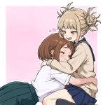  2girls black_socks blue_sailor_collar blue_skirt blunt_bangs blush bob_cut boku_no_hero_academia border brown_hair brown_serafuku closed_eyes double_bun fangs green_skirt hair_bun heart hug kneehighs lying multiple_girls nattocurryumeee on_stomach open_mouth outside_border pink_background pleated_skirt sailor_collar school_uniform serafuku shirt short_hair sidelocks simple_background sitting skirt socks teeth toga_himiko upper_teeth_only uraraka_ochaco wariza white_border white_shirt yellow_eyes yuri 