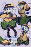  1girl aqua_background black_boots black_hat blouse boots bow buttons diamond_button eyeball floral_print frilled_shirt_collar frilled_skirt frilled_sleeves frills full_body green_eyes green_hair green_skirt grey_hair hair_between_eyes hat hat_bow hat_ribbon heart heart_of_string highres holding holding_knife iganashi1 kneehighs knife koishi_day komeiji_koishi long_sleeves looking_at_viewer lying multiple_views on_floor open_mouth ribbon rose_print seiza shirt short_hair simple_background sitting skirt smile socks standing third_eye touhou wavy_hair wide_sleeves yellow_bow yellow_ribbon yellow_shirt 