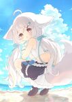  1girl ahoge animal_ears beach black_shoes blue_ribbon commission cropped_shirt fox_ears fox_girl fox_tail from_behind hair_ribbon highres kneehighs long_hair looking_at_viewer looking_back low_twintails ocean open_mouth original outdoors red_eyes ribbon sakurada_shiro_(hy_plus) sakurada_shiro_(summer_lite)_(hy_plus) shirt shoes skeb_commission sleeveless sleeveless_shirt socks solo squatting tail tiptoes twintails tyomimas very_long_hair white_hair white_shirt white_socks 